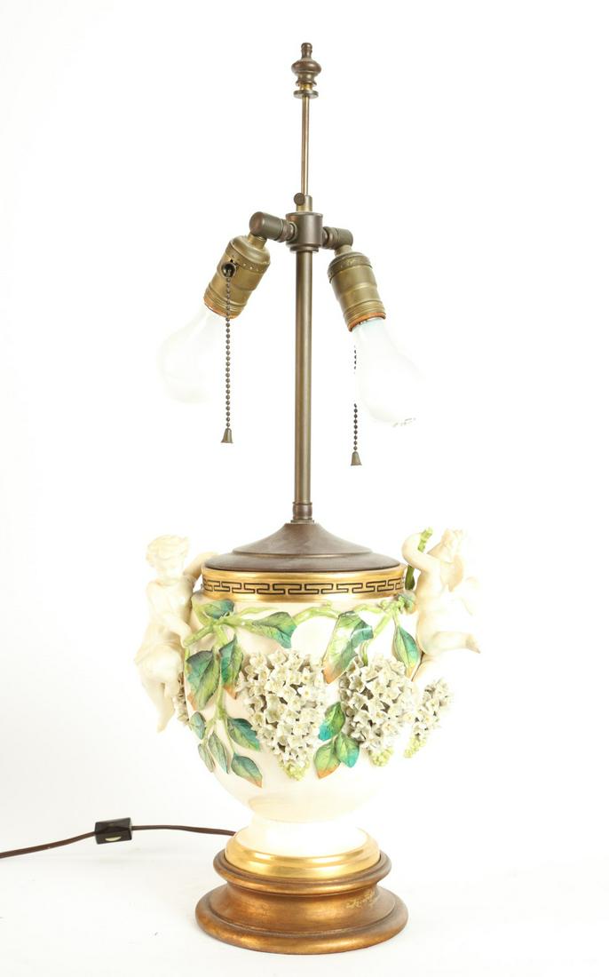 FIGURAL CERAMIC TABLE LAMP with CHERUBS & LILACS (1 of 8)