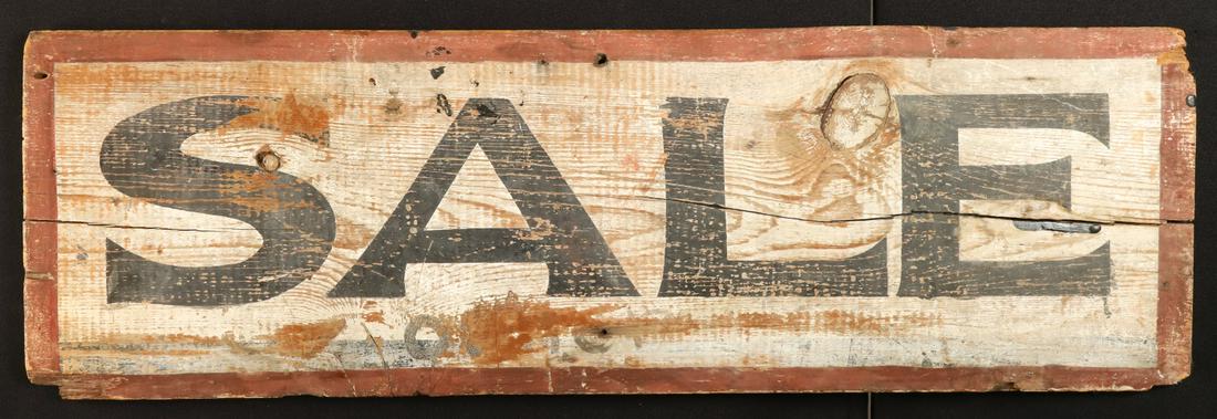 COUNTRY WOODEN SIGN: Lettered "SALE" in nice old paint. 11 1/4 x 36 inches. Condition: Worn