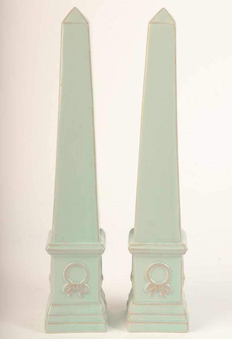 PAIR OF CELEDON-GLAZED CERAMIC OBELISKS: 20 inches Condition: Good