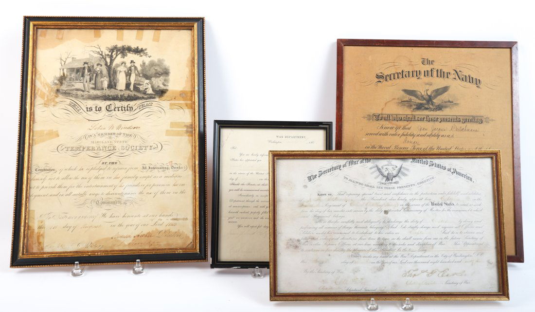 (4) SIGNED DOCUMENTS, INCLUDING CIVIL WAR: Secretary of War Edw n Standon appointment of James Smith (Providence, RI) December 21, 1863, 9 3/4 x 7 3/4 inches; Thomas Eckert valor document, 1864, (indistinct recipient), 9 x 14 1/2 inches; Tempe