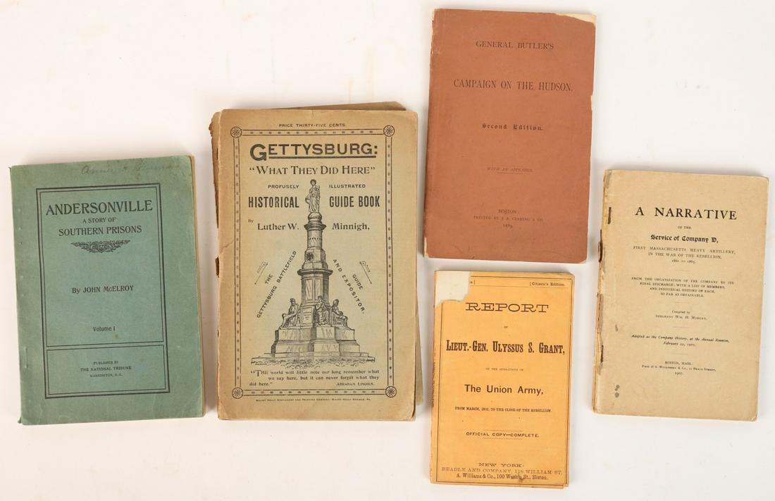 (5) CIVIL WAR ERA PAMPHLETS: Including: Gettyburg, What they did there, Campaign on the Hudson, a Narrative of service company D, Report of Ulyssus S. Grant Beadle and Co, NY 1866 and Andersonville, a story of Southern Prisons. 9