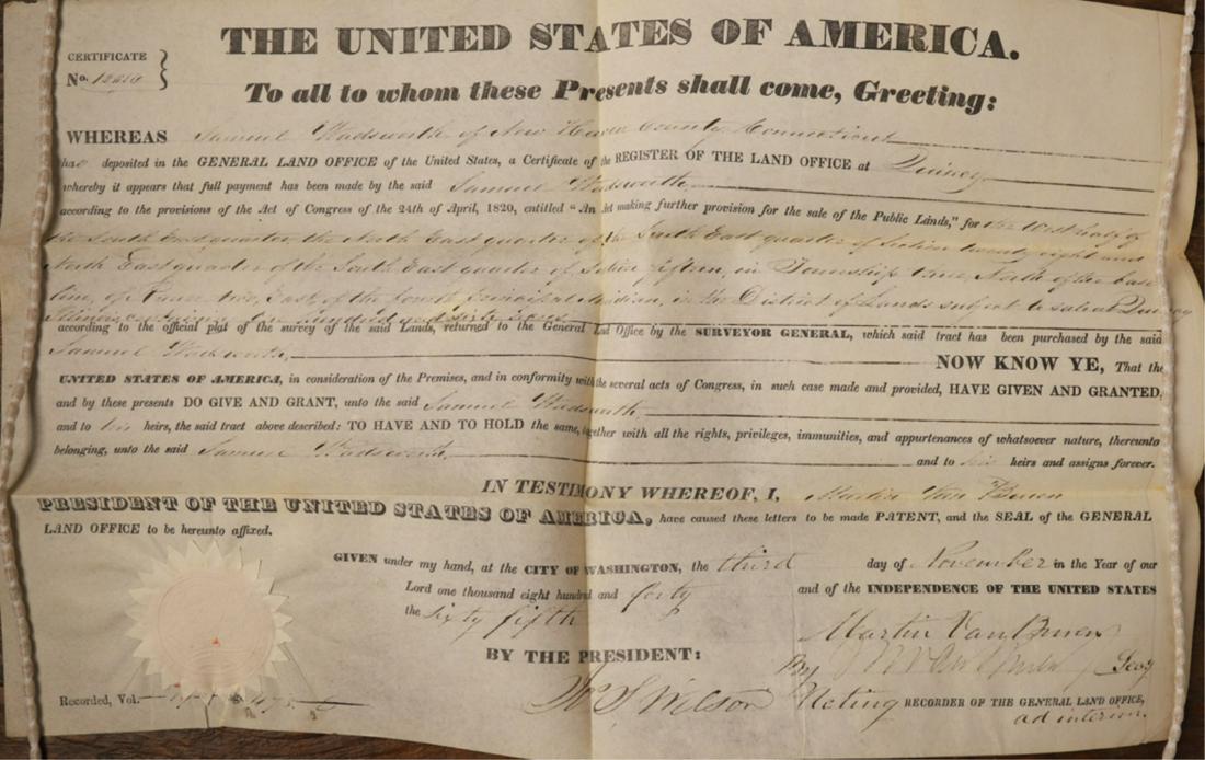 1840 PRESIDENT MARTIN VAN BUREN SIGNED LAND DEED (1 of 1)
