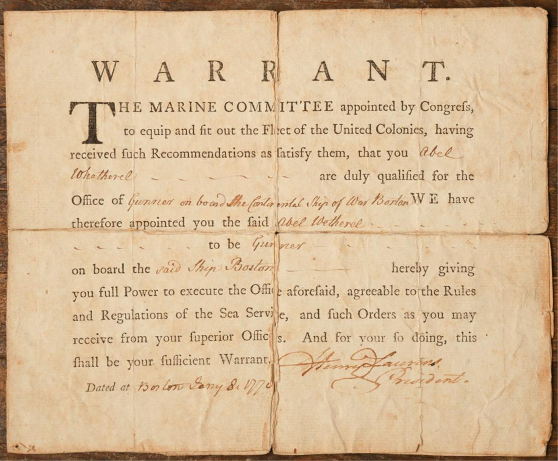 HENRY LAURENS (1724-1792) MARINE COMMITTEE WARRANT (1 of 3)