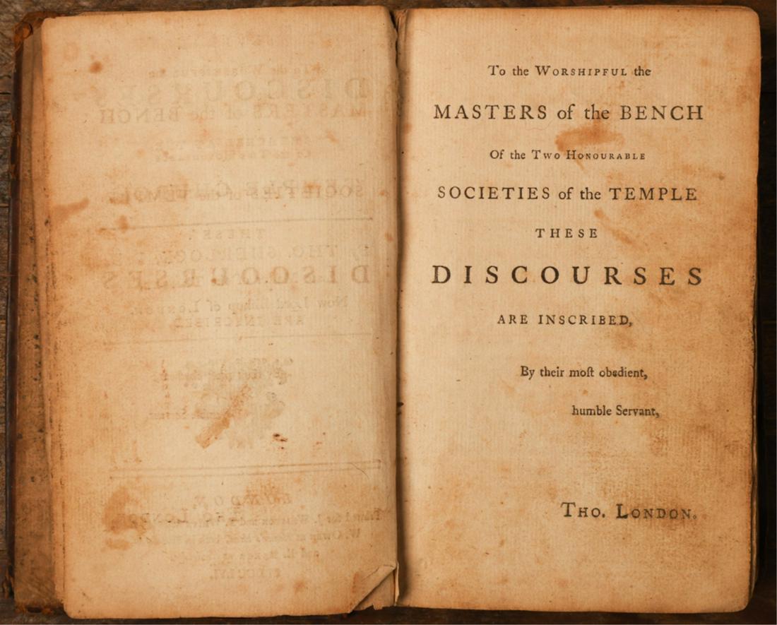 1756 DISCOURSES PREACHED AT TEMPLE CHURCH: by Thomas Sherlock. London, J. Whiston and B. White, 1756. hardcover leather bound. 6 1/2 x 4 inches Condition: Front board detached, toning, foxing