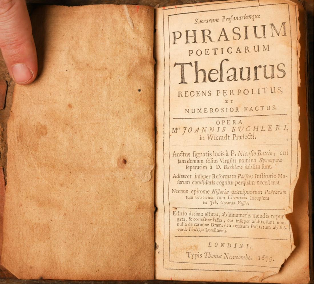1679 PHRASIUM POETICARUM THESAURUS: by Joannis Buchleri, Londini, Thome Newcombe 1679. hardcover leather bound. 6 x 3 1/2 inches Condition: Boards warped, toning, text block overall good, binding intact