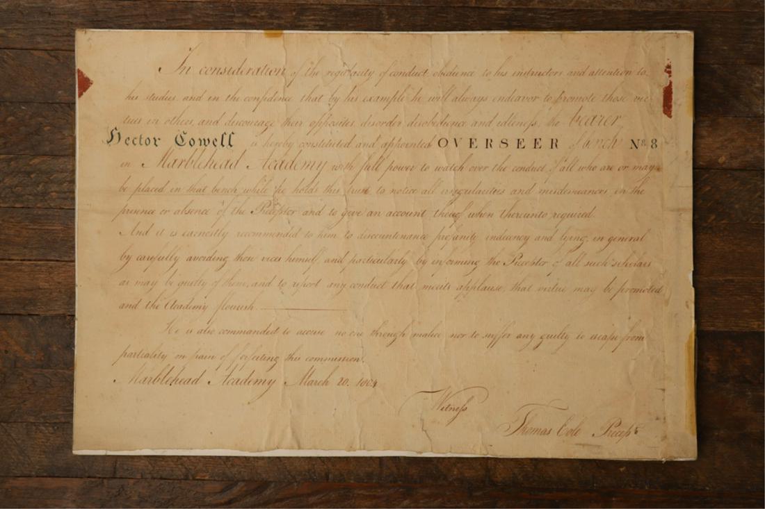 1804 MARBLEHEAD ACADEMY APPOINTMENT: Overseer of Bench No. 8. Witnessed by Thomas Cole Preceptor. March 20, 1804. 10 x 14 1/2 inches. Condition: Wrinkled, laid to support