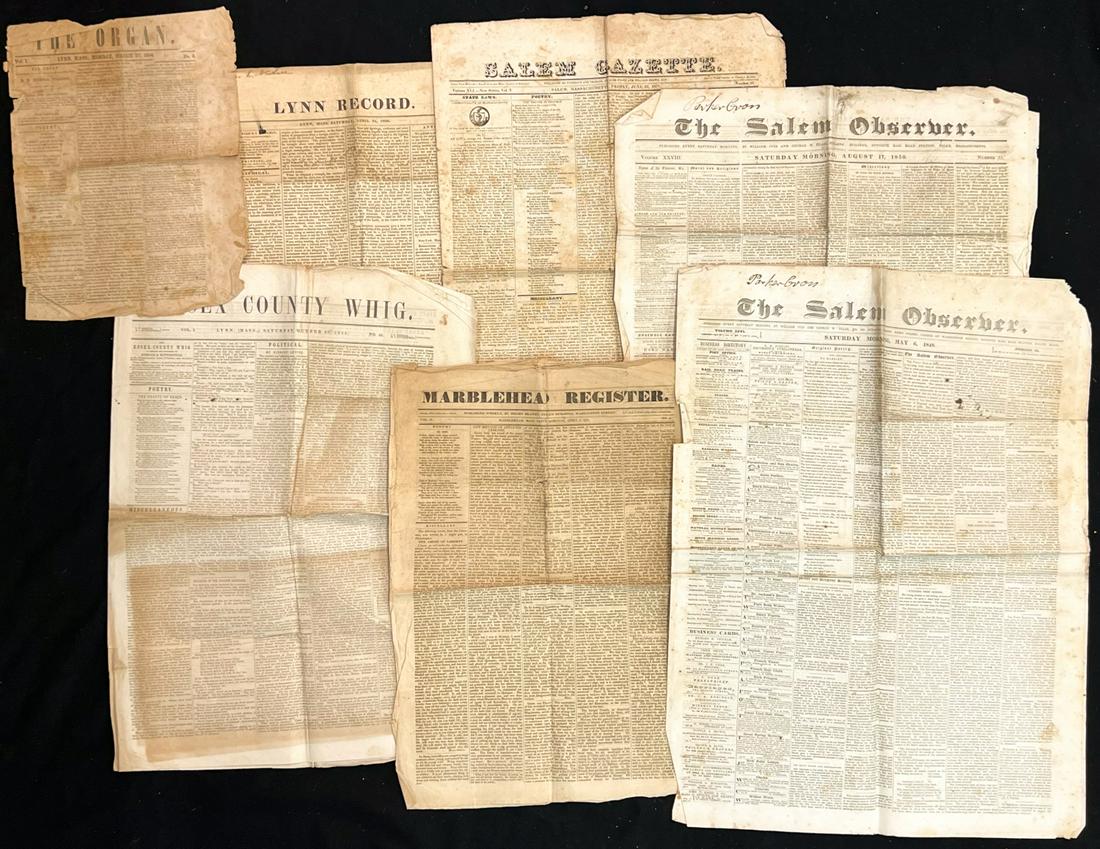 (7) ESSEX COUNTY PERIODICALS: Salem Observer 1848, Marblehead Register 1851, The Organ 1854, Lynn Record 1830, Essex County Whig 1844, Salem Observer 1850, and the Salem Gazette 1827. Condition: Good to fair