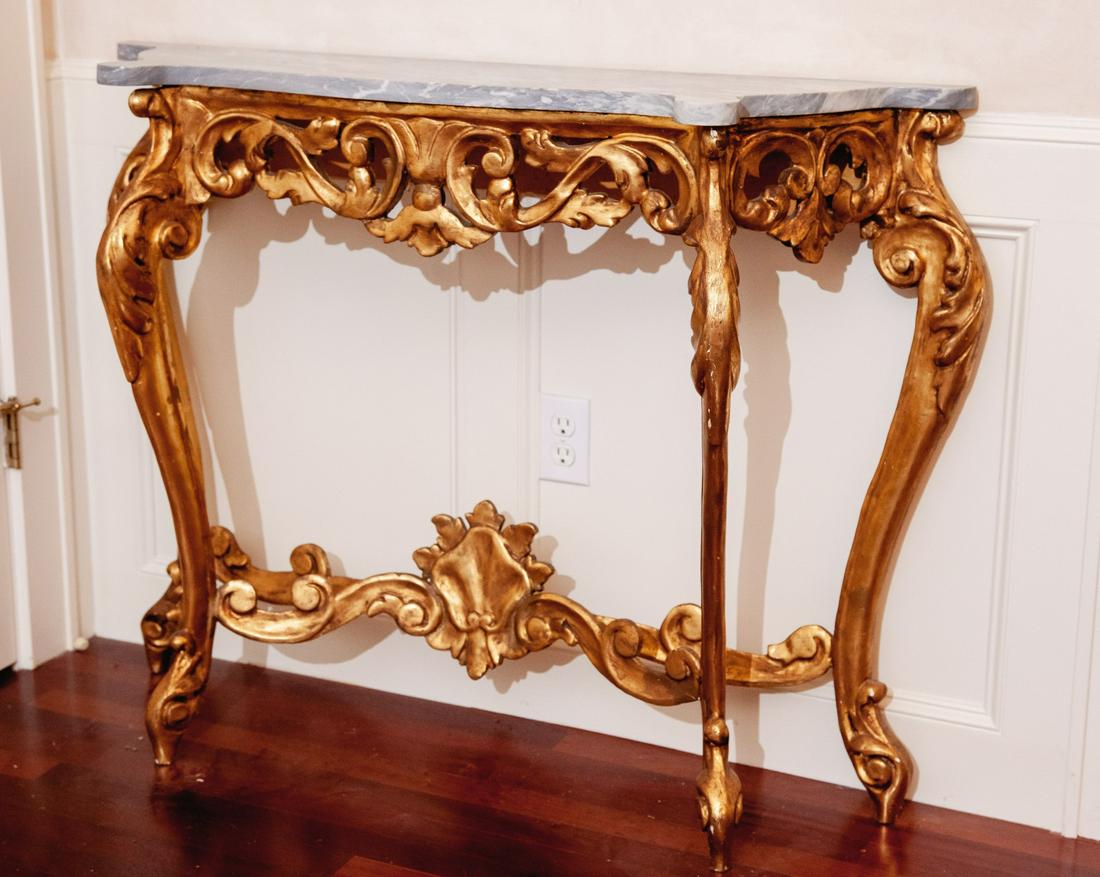 MARBLE TOP FLORENTINE CARVED & GILT CONSOLE TABLE (1 of 13)