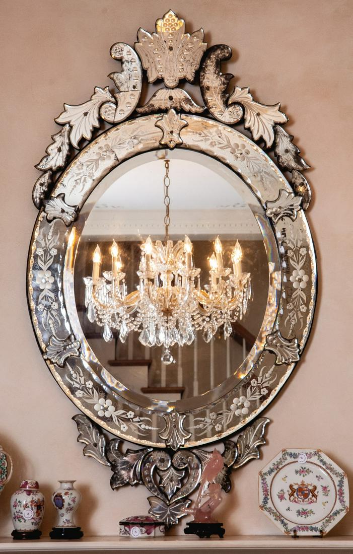IMPRESSIVE ENGRAVED VENETIAN BEVELED GLASS MIRROR (1 of 7)