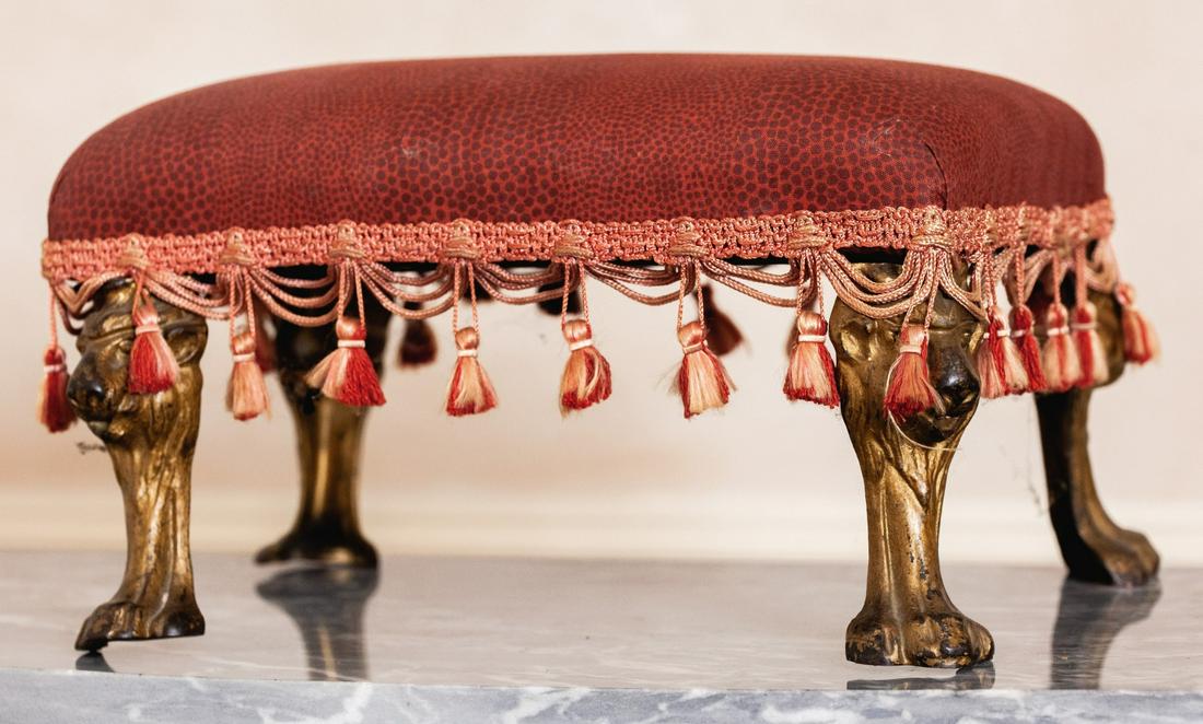 DIMINUTIVE FOOTSTOOL with CAST IRON LION PAW LEGS (1 of 8)