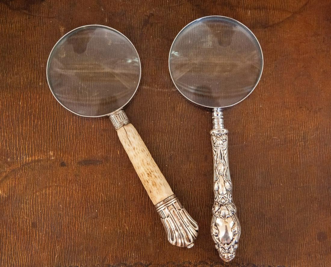 GORHAM ART NOUVEAU MAGNIFYING GLASS & a SECOND: Sterling silver handle. 9 1/4 inches and a second British sterling example Condition: MonogrammedTemp No 39
