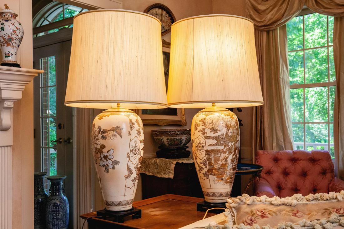PAIR OF GRAND TABLE LAMPS with SATSUMA VASE BASES (1 of 5)