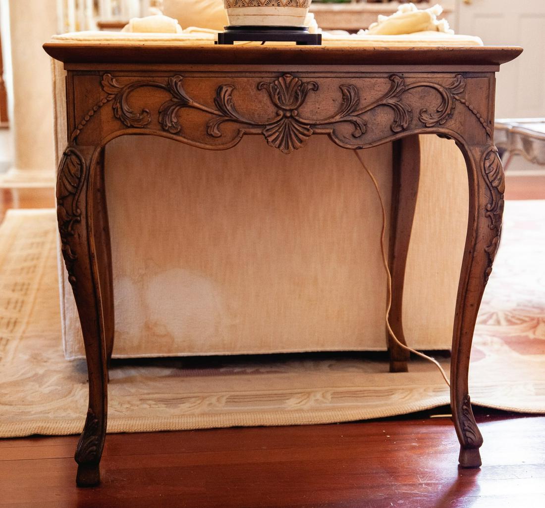 PAIR JOHN WIDDECOMB CARVED PECAN WOOD ENDTABLES (1 of 9)