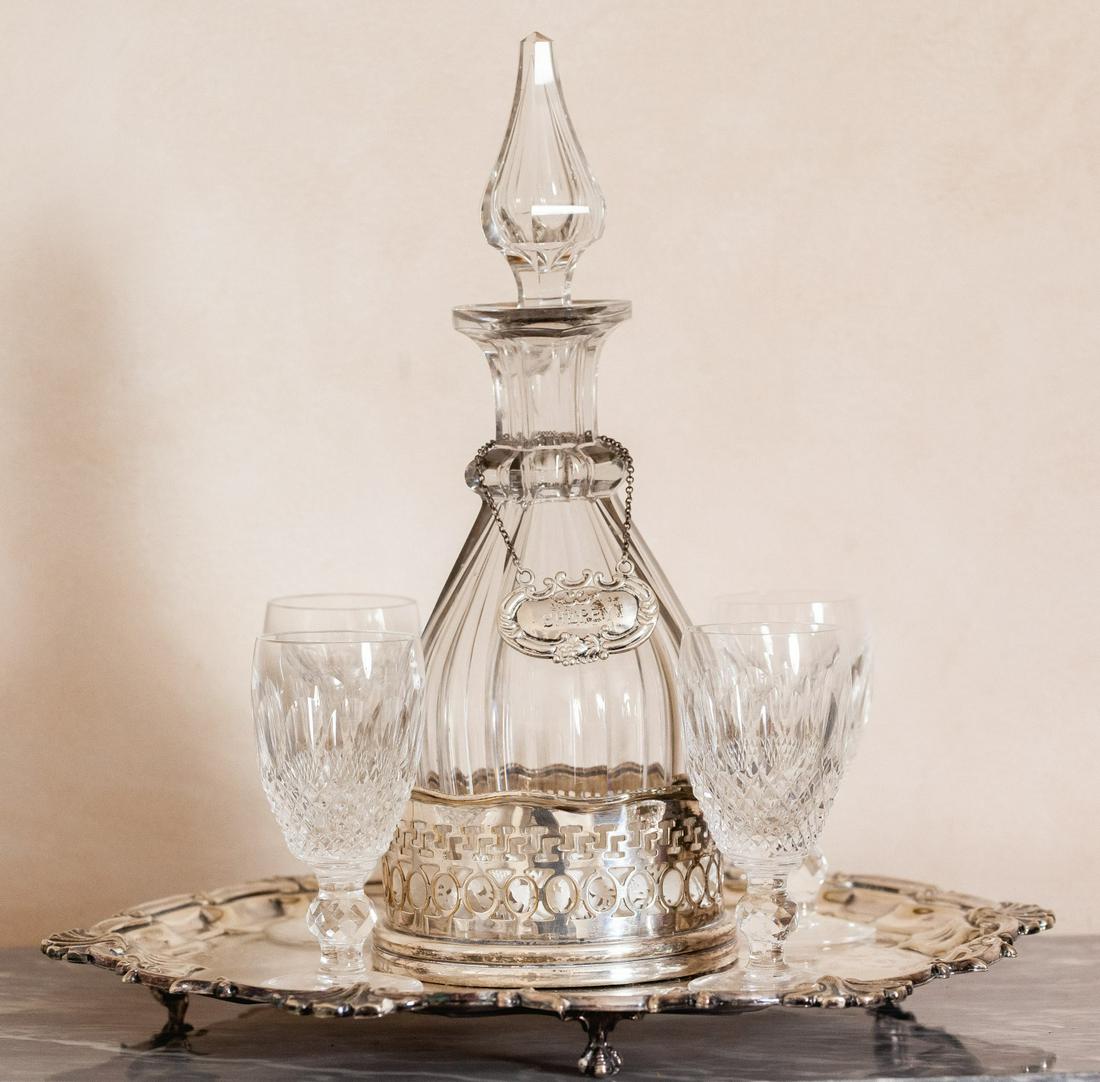 ASSEMBLED CRYSTAL & SILVER PLATED DECANTER SET (1 of 9)