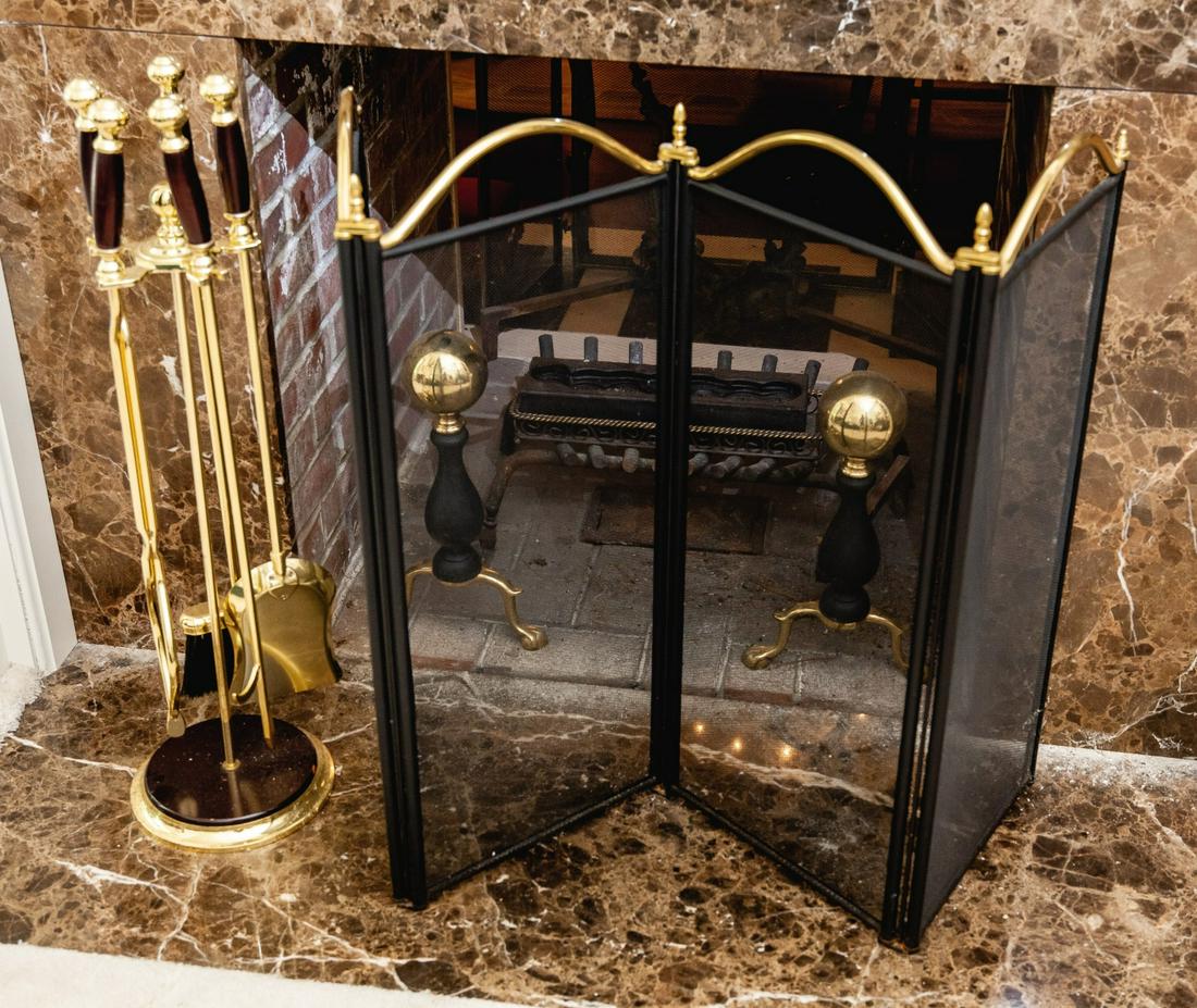 BRASS FIREPLACE ANDIRONS, SCREEN and TOOLS (1 of 7)
