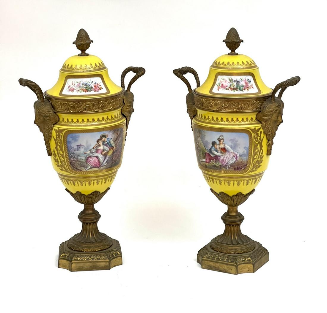 PAIR OF ORMOLU MOUNTED SEVRES PORCELAIN URNS (1 of 8)