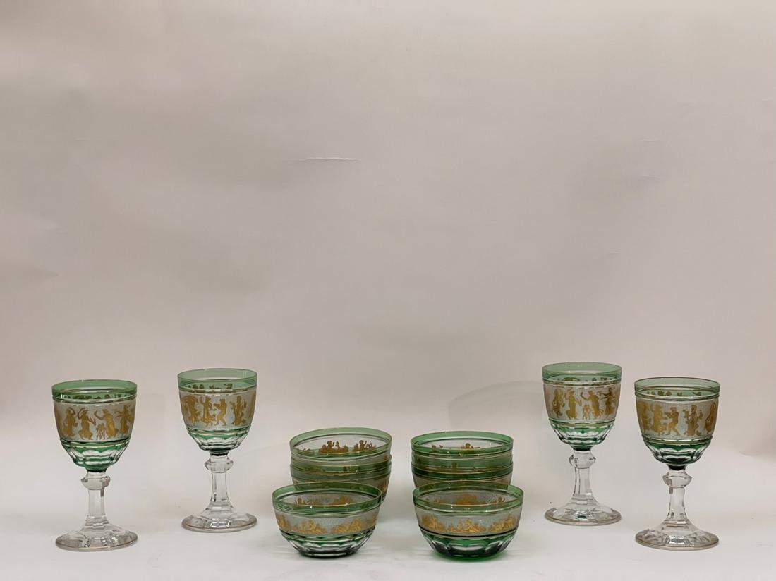 GREEN CUT TO CLEAR CRYSTAL GOBLETS & BOWLS (1 of 6)
