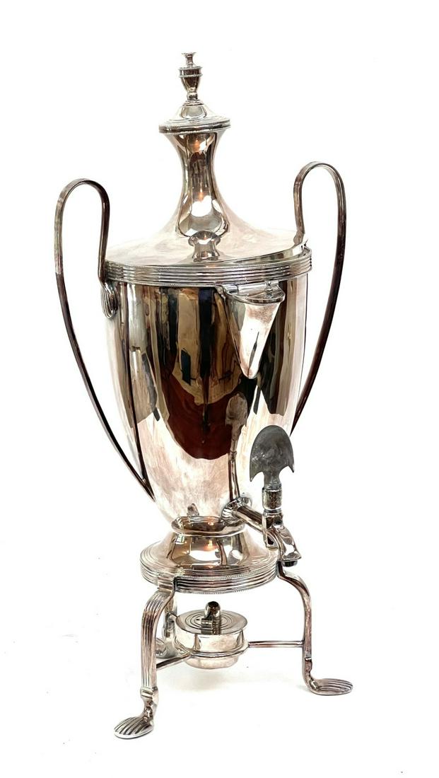 FEDERAL STYLE HOT WATER URN: Elegant Ash's Registered Kaffe Kanne, urn-form font with loop handles, burner and raised on reeded feet. 20 1/2 inches Condition: GoodTemp No 126