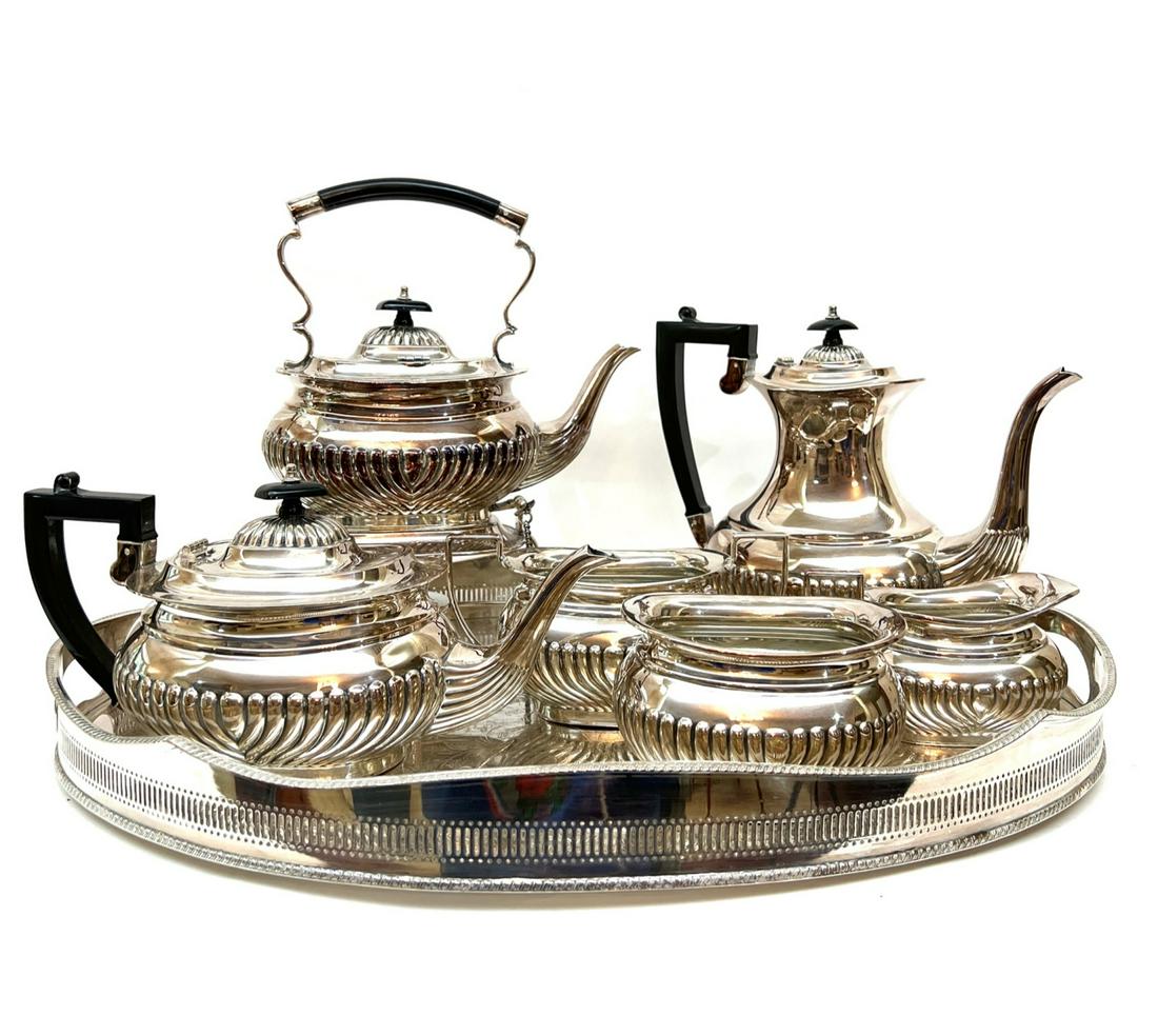 (7) PIECE SHEFFIELD including TRAY: 12 inches (and under) Tray 16 x 22 1/2 inches Condition: Good, tray has evidence of copper showing throughTemp No 127