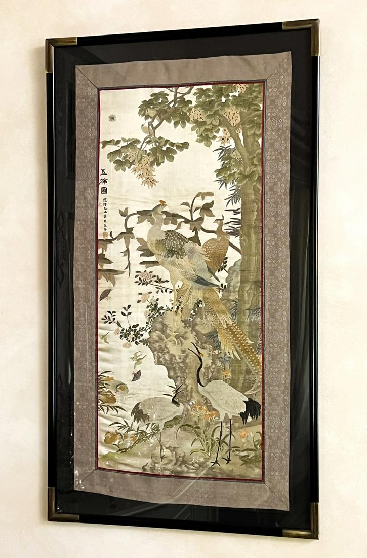ASIAN SILK EMBROIDERY with BIRDS in a LANDSCAPE (1 of 8)