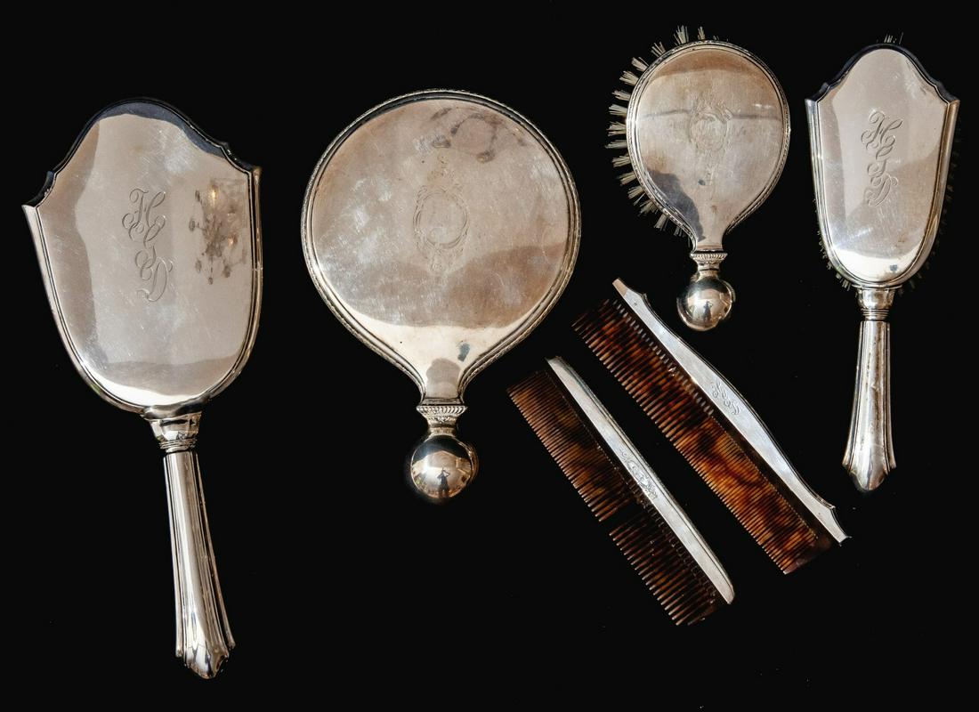 (6) VANITY MIRRORS, BRUSHES and COMBS: Marked sterling except ball handled examplesTemp No 170