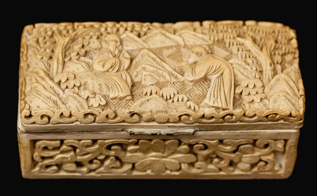 CHINESE WHITE CINNEBAR STAMP BOX: Hinged cover depicts (2) figures in a landscape. 3 ½ inchesTemp No 178