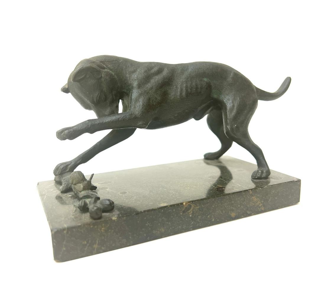 AMERICAN SCHOOL (19th c): “Dog toying with Snail” bronze. unsigned. Label under base is written “Procter” 3 ½ x 7 x 3 inchesTemp No 197