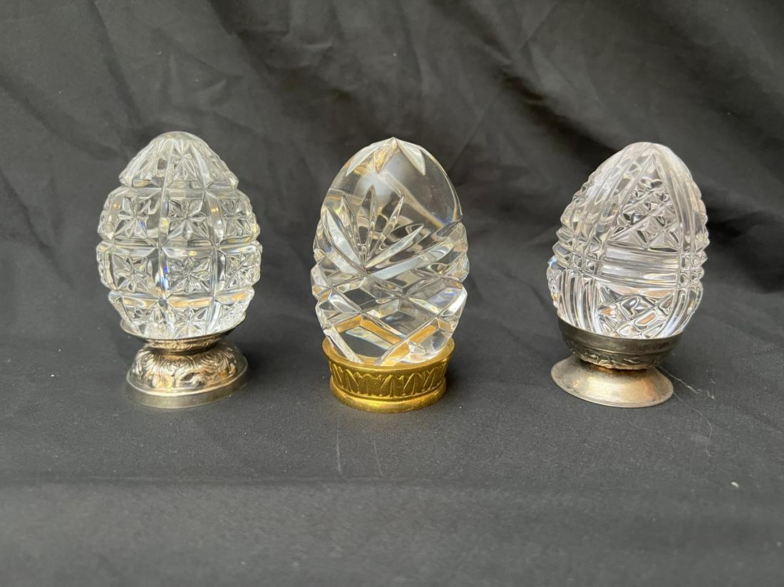 (3) WATERFORD CRYSTAL EGGS: (1) Retains identifying label. 4 inches (including stand)Temp No 214