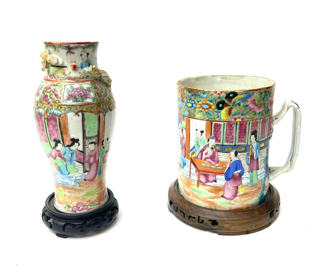 DIMINUTIVE ROSE MEDALLION VASE with CHILONGS & MUG: 8 ½ inches (including base) small rim chip. Mug measures 5 1/2 inches and has staple repairs to handle.