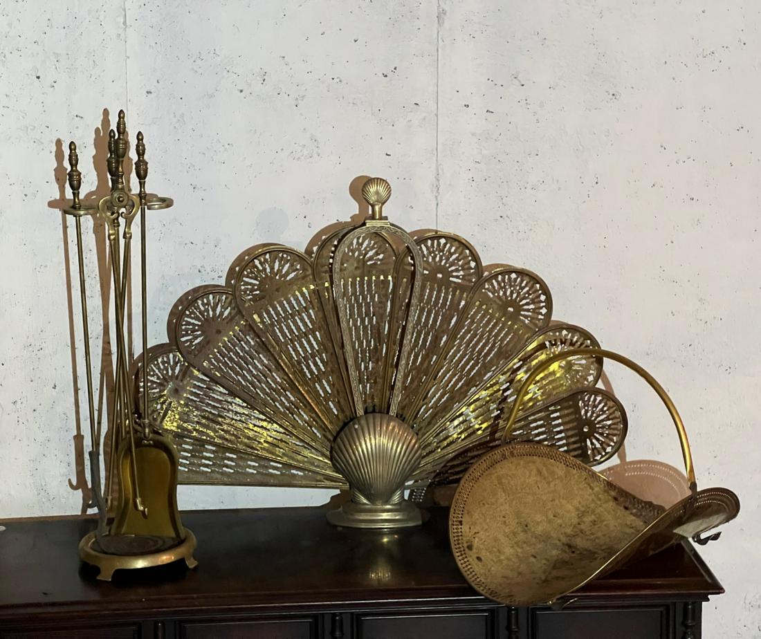BRASS FIREPLACE TOOLS INCLUDING FAN SCREEN (1 of 5)