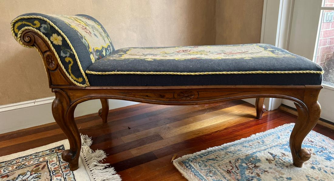 CHILD'S VICTORIAN DAY BED: 20 x 36 x 18 inches. sun struck, losses to embroideryTemp No 385