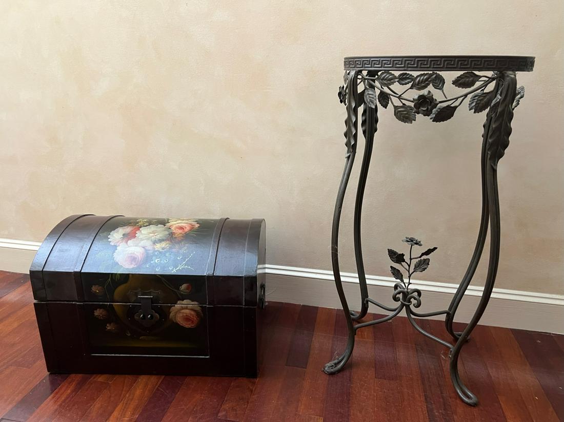 METAL PLANT STAND and PAINTED DOME TOP CHEST (1 of 7)