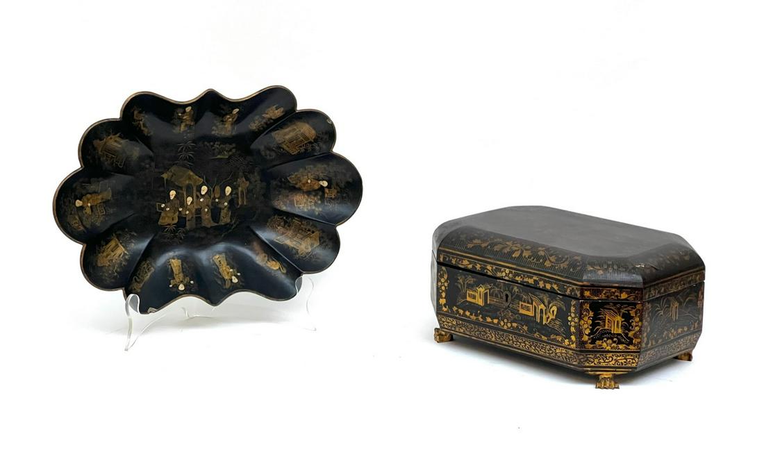 CHINESE LACQUER SEWING BOX & SCALLOPED BOWL (1 of 8)