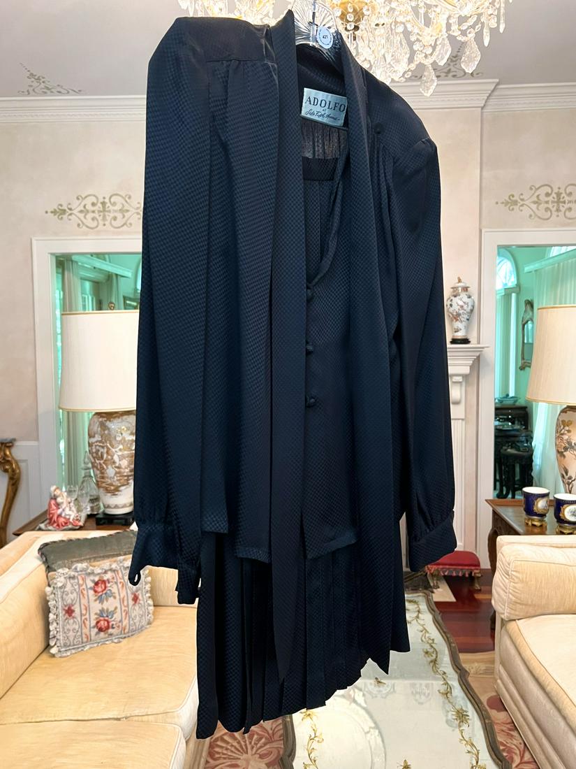 ADOLFO at SAKS FIFTH AVENUE BLACK SILK OUTFIT: Top, skirt and scarf. Presumably size 10-12Temp No 421