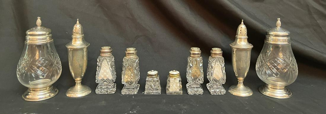 (4) PAIR OF STERLING SALT AND PEPPER SHAKERS: 5 ¾ inches, bumped. Together with (2) muffineers and a Norwegian pair with enameled sterling capsTemp No 432