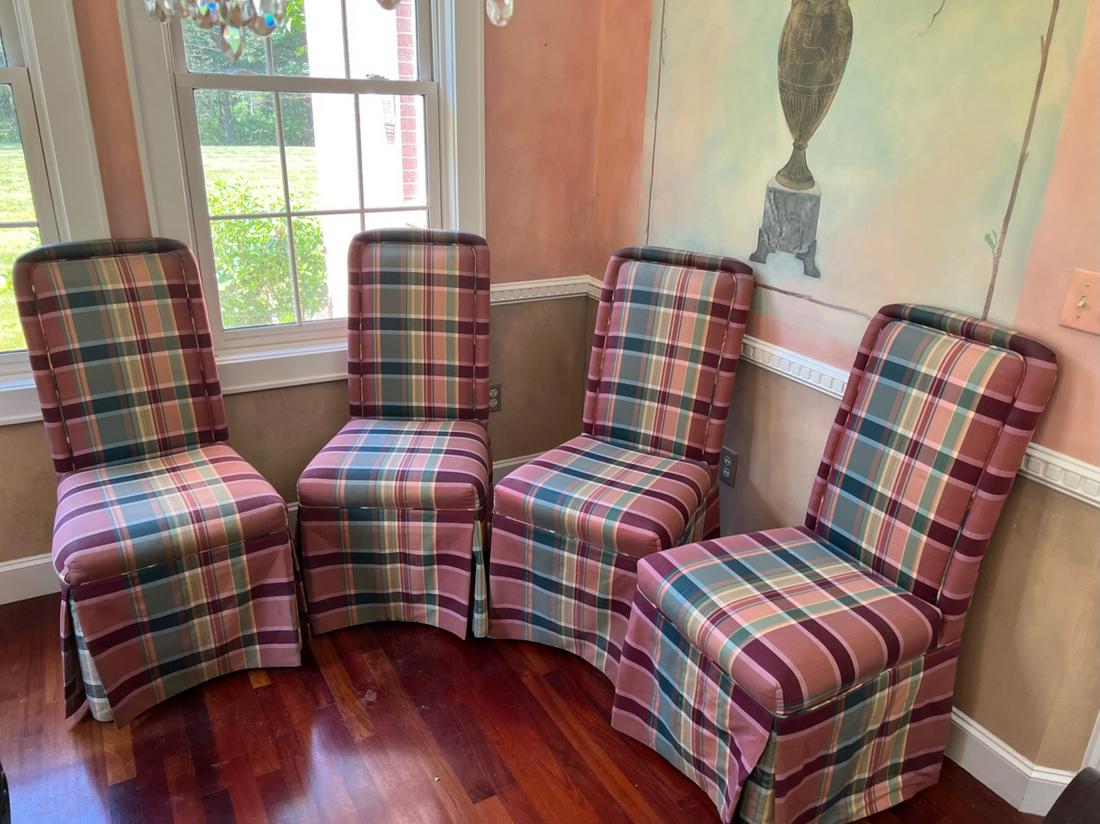 (4) UPHOLSTERED STOOL BACK CHAIRS on COASTERS (1 of 5)