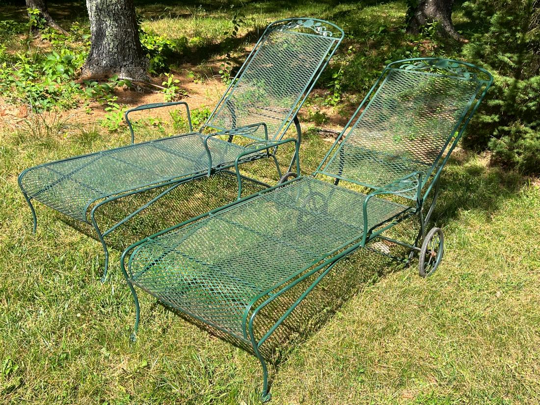 PAIR OF RECLINING PATIO LOUNGERS: 70 inches (1) front leg needs to be bent into position (see photograph)Temp No 468