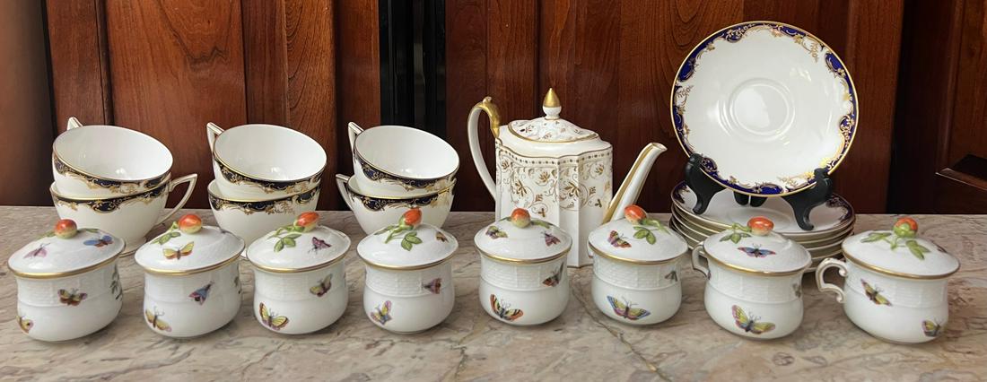 WEDGWOOD TEAPOT, (6) MINTON CUPS & SAUCERS etc: And (8) Herend Hungary handpainted demitasse cups with covers, Minton 9 ¾ inch plate and an (8) inch bone china bowl.Temp No 478