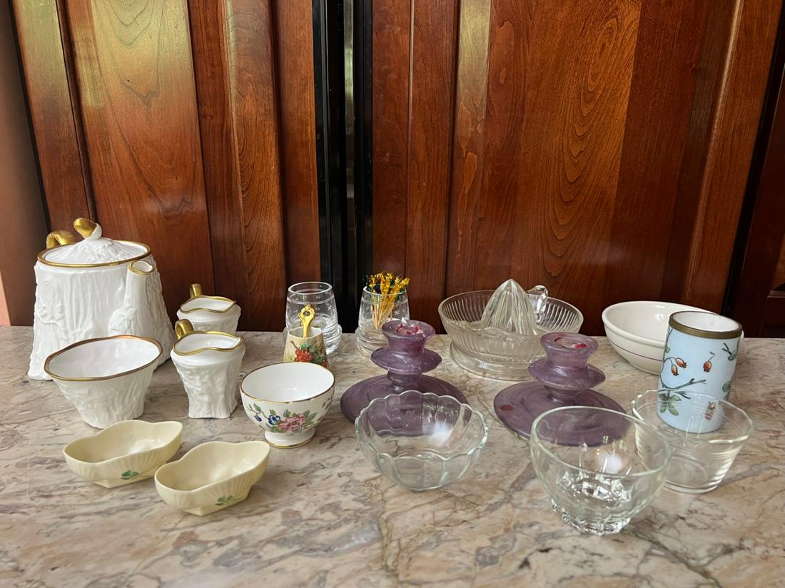 GLASS and CERAMIC ODDSOMES: Including: Royal Stafford “”Old English Oak” tea set, pair of Waterford toothpick holders, Belleek salts, Limoges, juicer etc.Limoges spoon poorly repairedTemp No 493