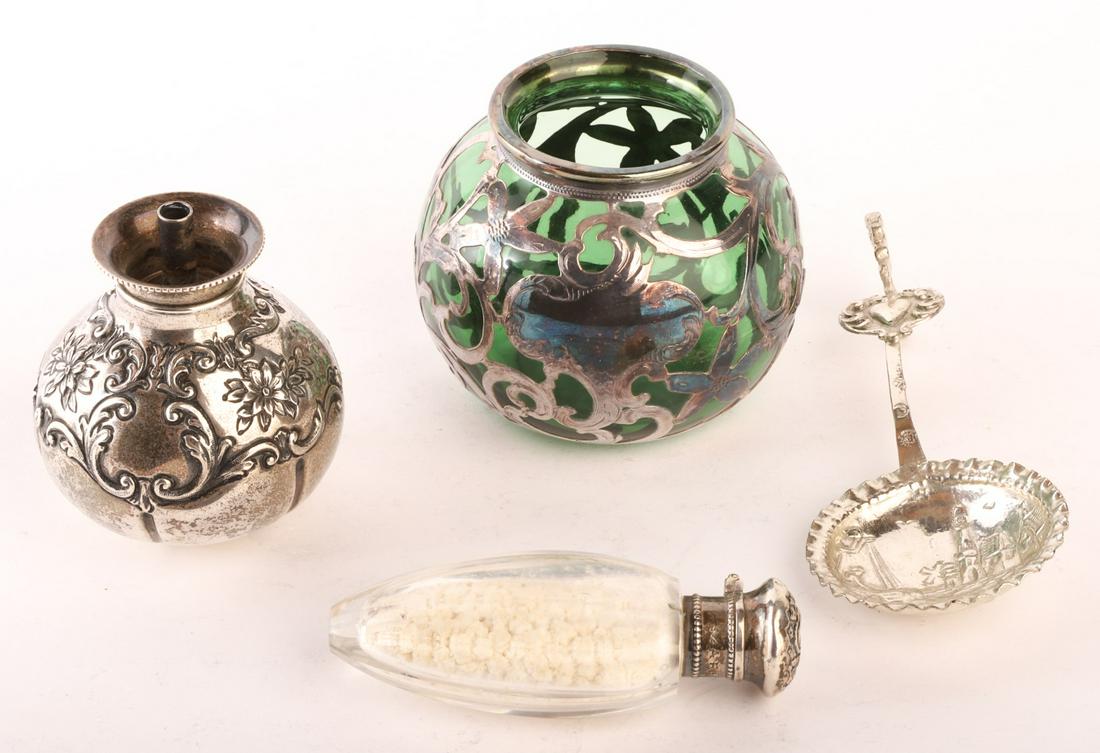 GORHAM SPARKING LAMP, TASTEVIN, PERFUME & OVERLAY: Gorham lamp marked sterling, tastevin is illeg hallmarked and the traveling perfume cap is marked sterling. Lamp weighs 3.49 oz t.Temp No 8115