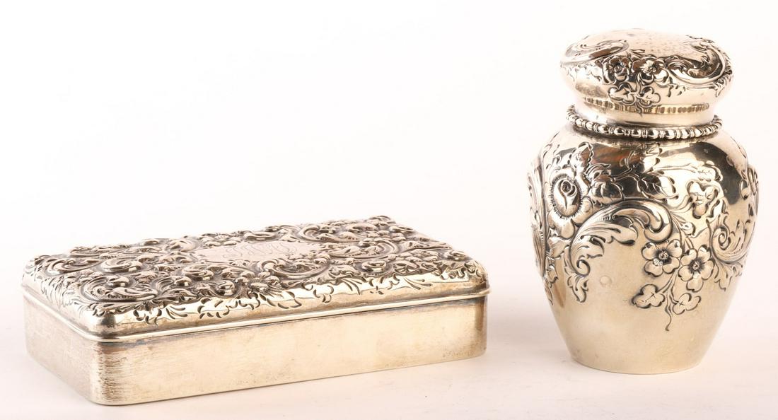 BLACK, STARR & FROST STERLING BOX & CANNISTER: Each chased with scrolls and floral motifs. 12.85 oz t. 1" x 5.5" x 3 1/4".Temp No 8123