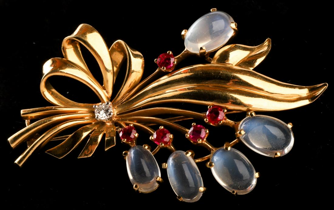 (18k) GOLD MOONSTONE, RUBY & DIAMOND BROOCH (1 of 12)