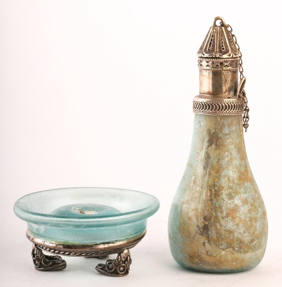 ANCIENT ROMAN GLASS with SILVER MOUNTS (1 of 16)