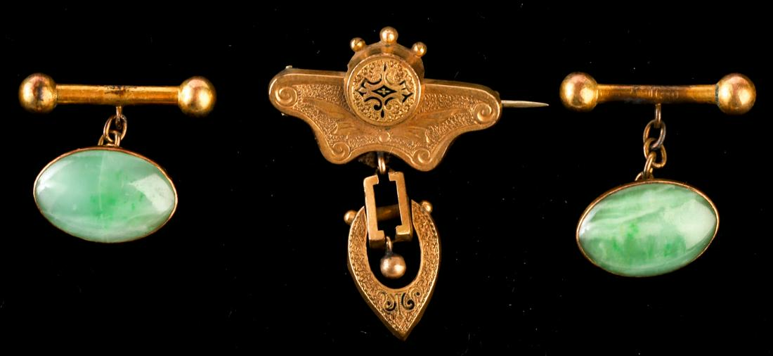 (19th c) PAIR OF GOLD FILLED CUFFLINKS & BROOCH (1 of 7)