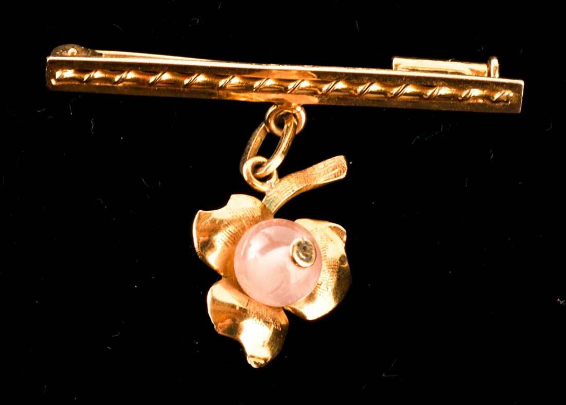22k GOLD BAR PIN with FLORAL DROP: 1 1/4 inches. 2.8 dwt Condition: Good, markings hard to discern, (22k + tested)Temp No 8291