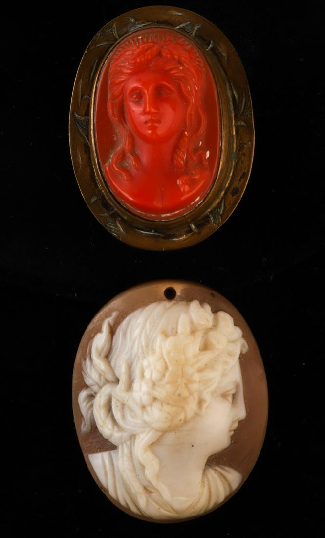 VICTORIAN SHELL CAMEO AND CORAL CAMEO PIN (1 of 9)