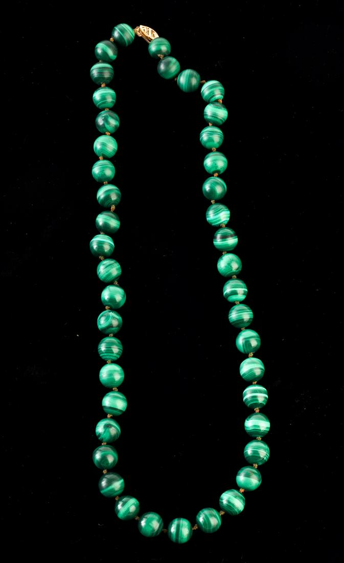MALACHITE BEADED NECKLACE with 14k GOLD CLASP: 20 inches long with 1/4 inch beads. Condition: GoodTemp No 8242