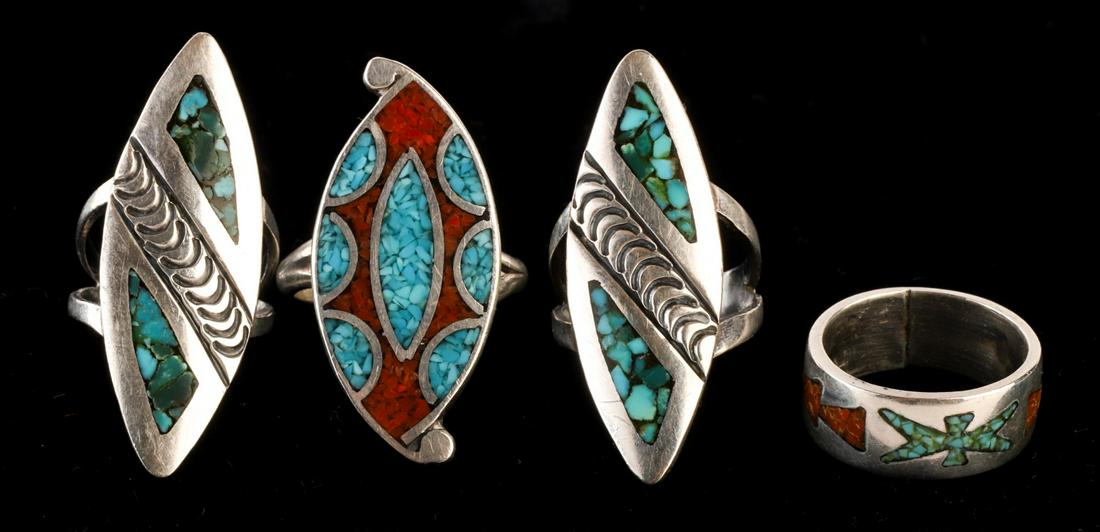 (4) NAVAJO SILVER RINGS SET with TURQUOISE & CORAL (1 of 8)