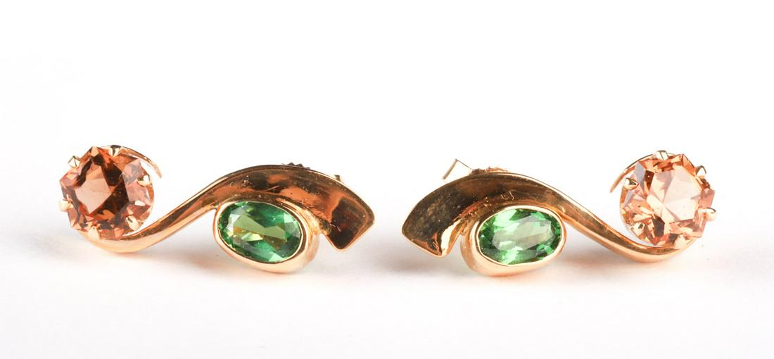BAKSA 14k HEXAGONAL-CUT IMPERIAL TOPAZ EARRINGS: 1.35 ct tw with Tsavorite garnets .70 ct tw. 3/4 inches Condition: GoodTemp No 10-9010