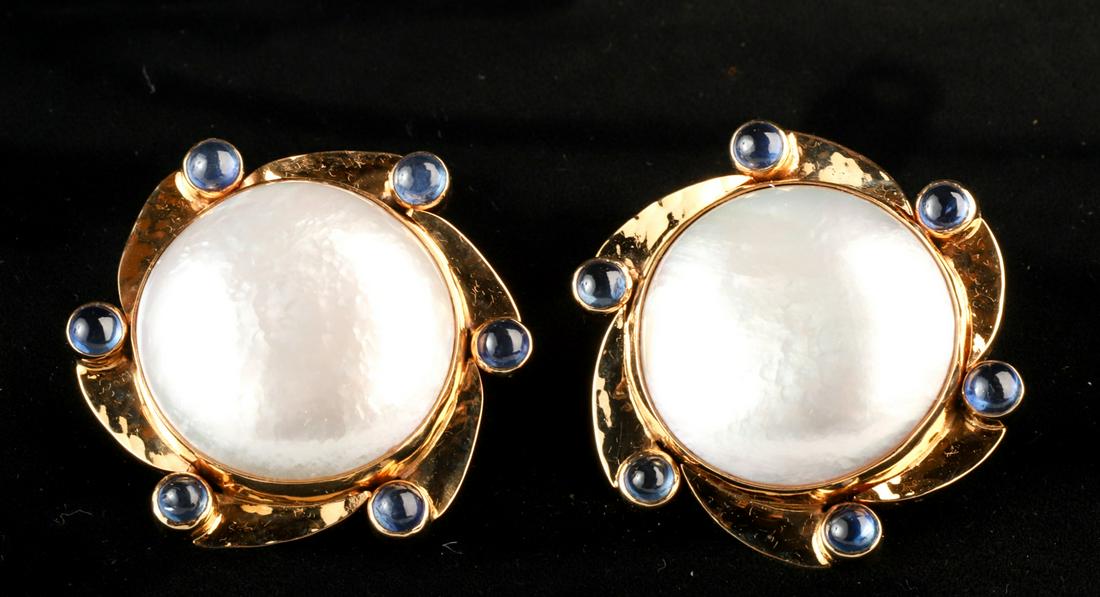 BAKSA 14k GOLD GIANT MABE PEARL- SAPPHIRE EARRINGS (1 of 6)